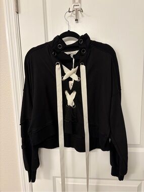 DAVI & DANI Black Lace-Up Pullover with Cream Ribbon